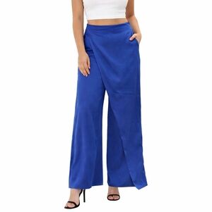 Women's Blue Wide-Leg Pants Layered Crossover Design